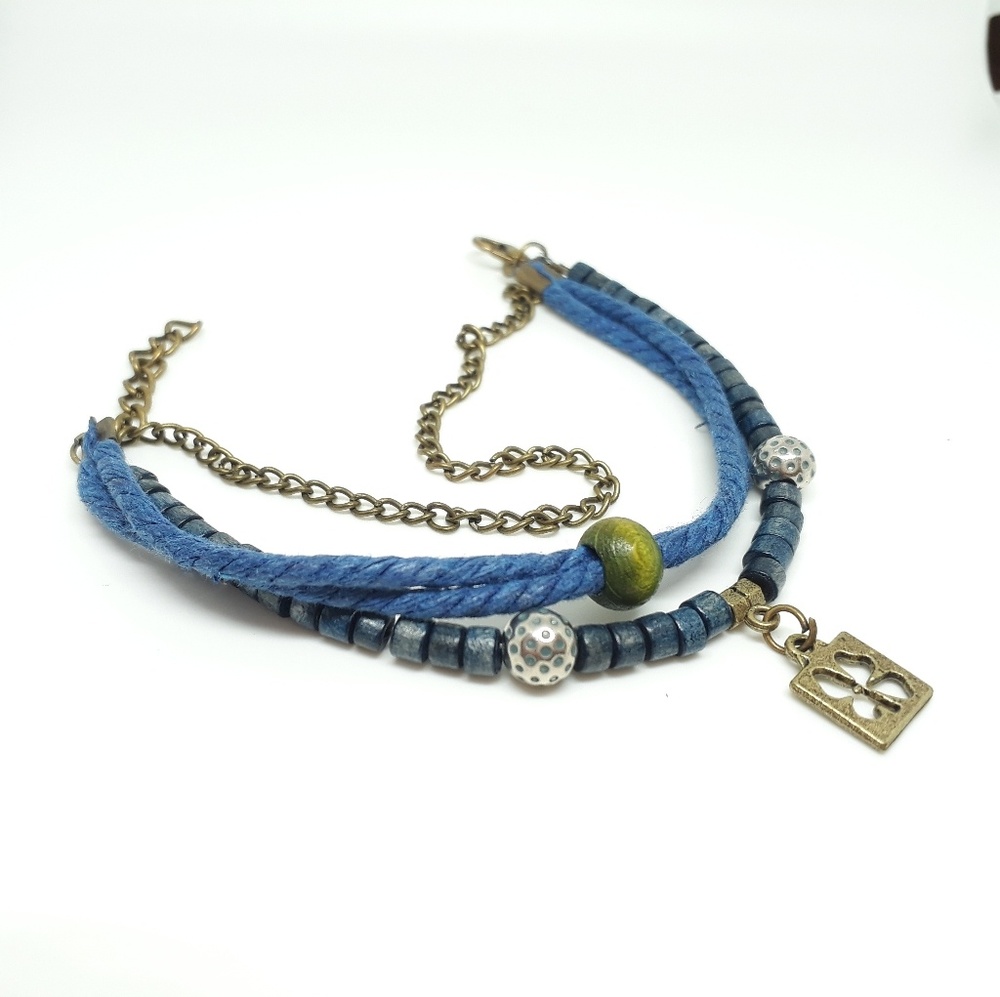 Blue Wooden Beads Bronz Chain Charm Bracelet